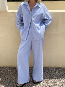 DAZY Spring & Summer Fashion Striped Casual Suit For Women, New Minimalist Design Lapel Long Sleeve Shirt And Loose Pants 2-Piece Set - Blue - View 4