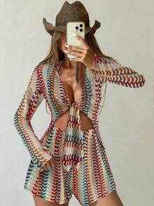 Swim SXY 女士镂空纹理面料夏季喇叭袖系带两件套，优雅女士沙滩派对度假风泳装 - 彩色 - 查看 4