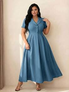 GlowEve CURVE Plus Size Women's Dusty Blue Summer Elegant Festa A-Line Dress,Short Sleeve Round Neck Button Decor Waist Office Dress,Graduation Prom Wedding Party - Dusty Blue - View 2