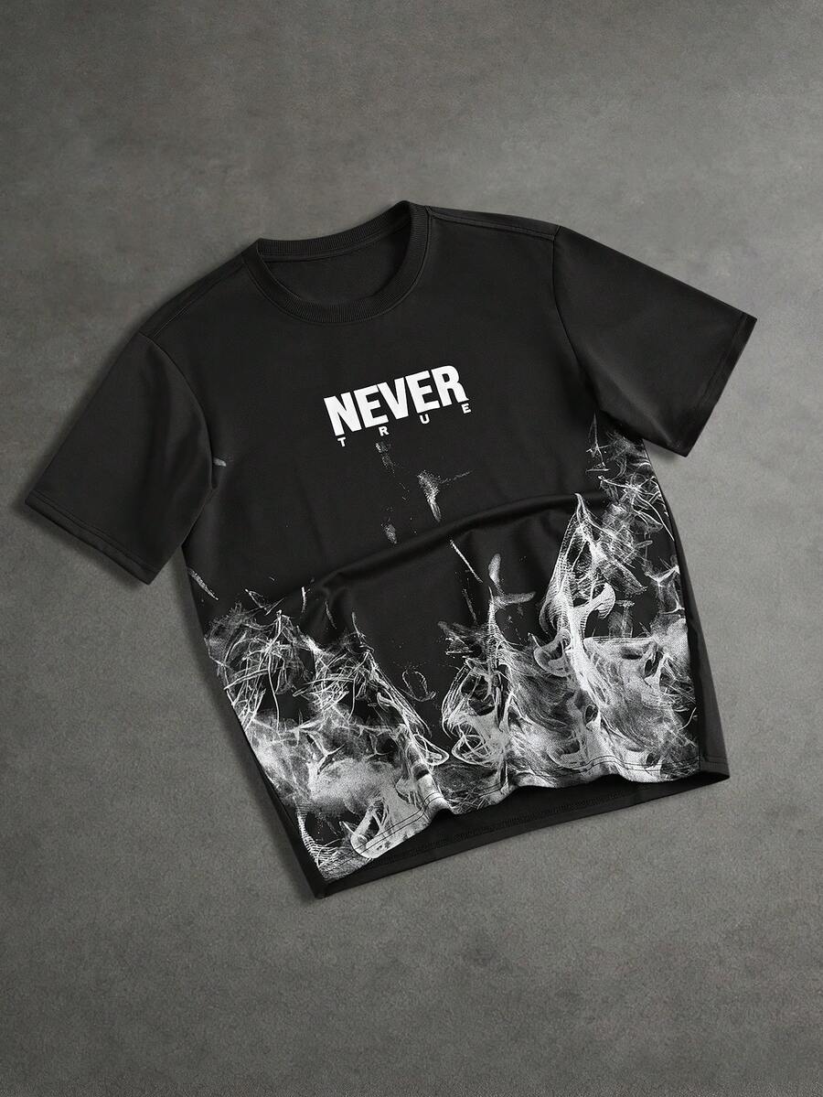 SLATEMANN 男士舒适卫衣面料圆领短袖T恤，字母印花，畅销短袖T恤，适合男士休闲度假、简约办公、简约商务、日常约会、居家休闲、时尚派对、聚餐等场合，自用或送礼皆宜。春秋流行短袖T恤。 - 黑色 - 查看 1