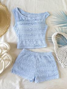 SHEIN Conjunto de top de tirantes asimétrico ajustado y pantalones a rayas cómodo y casual para niña preadolescente - Celeste - Ver 1