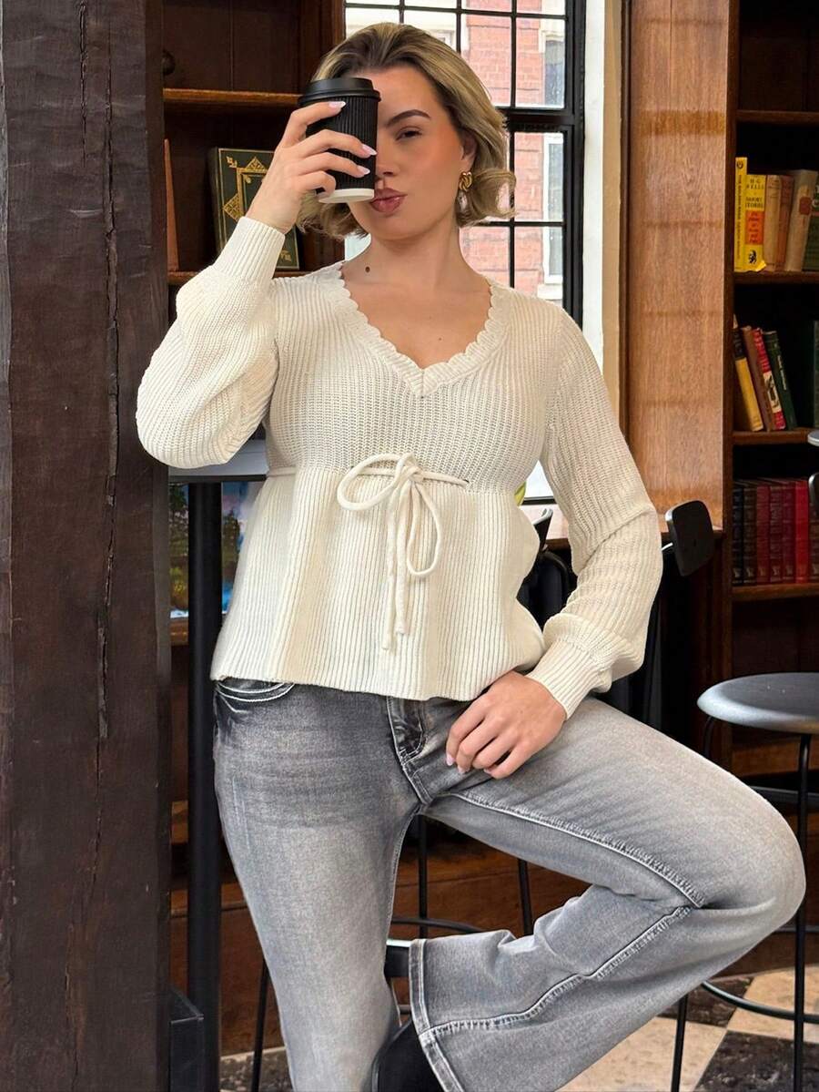 Bethéva كنزة صوفية نسائية كنزة محبوكة بياقة على شكل حرف V مع رقعة زهرية، أكمام طويلة، لون أحادي أنيق، ربطة خصر بسحاب، مناسبة للارتداء اليومي، موسم الخريف/الشتاء - بيج - مشاهدة 1