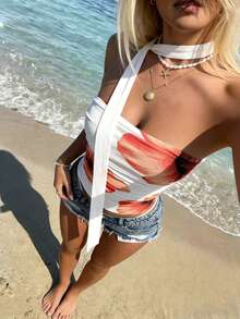 INAWLY Floral Print Bandeau Crop Top For Women - White - View 4