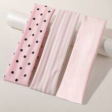 ROMWE Kawaii 3Pcs Elegant Pink Series Solid Color Striped Polka Dot Combination Women's Headband, Suitable For Women's Hair Accessories For Sports Commuting - Pink white - View 4