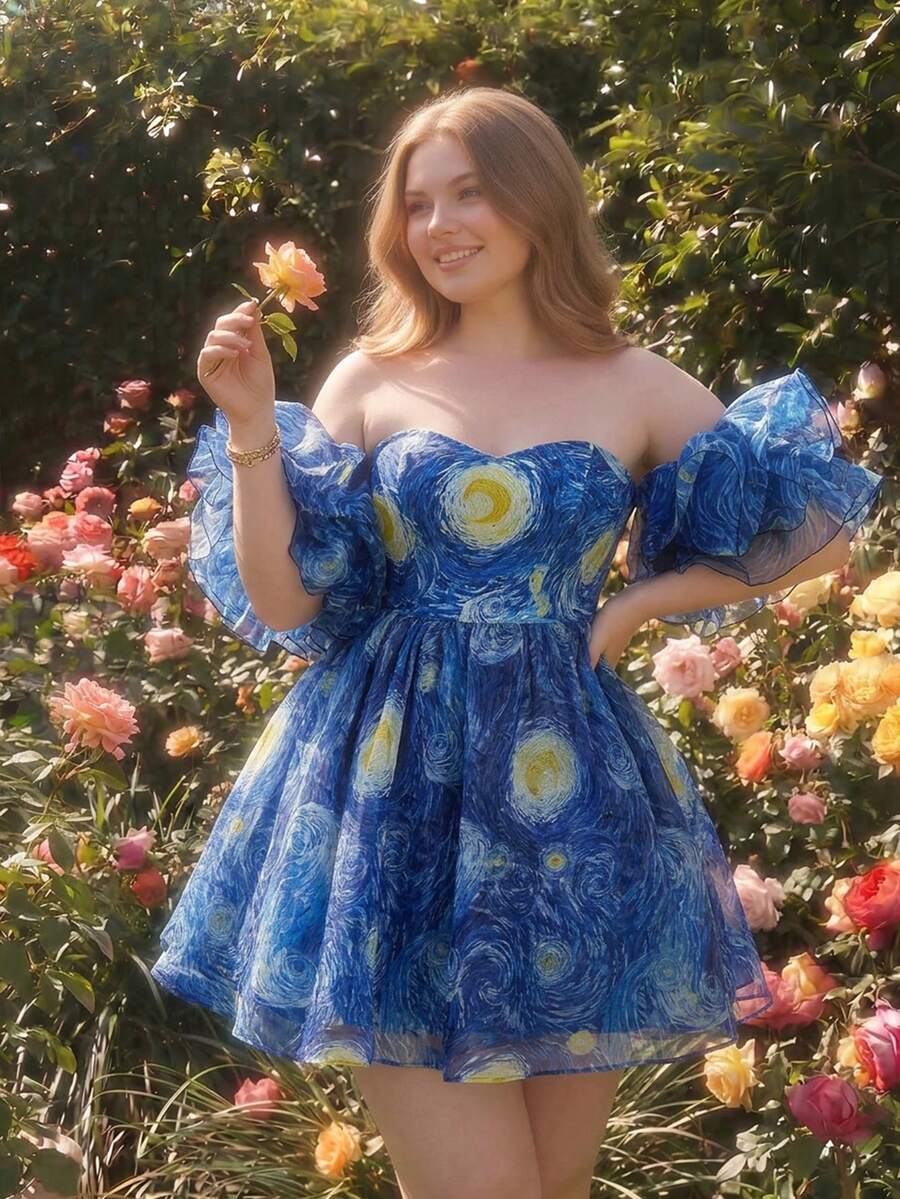 SHEIN MOD 加大码红色优雅纯色短款露肩荷叶边袖连衣裙，加大码泡泡袖，适合派对、圣诞节、生日等场合，复古宫廷风，浪漫风格 - 藍色 - 查看 1