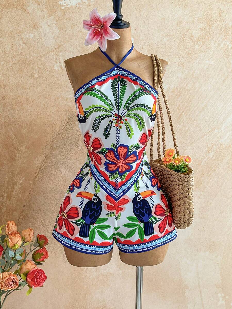 Soleia Women's Palm Tree Print Halter Romper - Multicolor - View 1