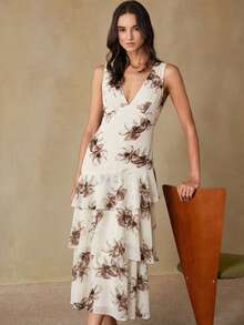Revavyn Women Elegant Summer Deep V-Neck Sleeveless Maxi Dress,White And Brown Floral Print Chiffon Layered Ruffle Hem For Day Party Funeral Gender Reveal - Multicolor - View 5