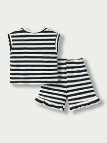 SHEIN Casuvi Kids 女童（小号）黑白提花针织无袖上衣和短裤套装，休闲简约夏季日常穿着 - 藍白色 - 查看 2