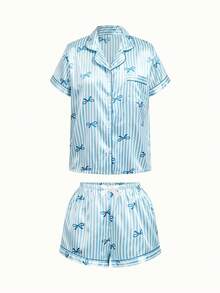 Bonmuse [Elegant Fields]2pcs Satin Striped Bow Print Short Sleeve Collar Top And Bow Shorts Women Pajama Set, Spring/Summerfor Summer - Blue - View 1