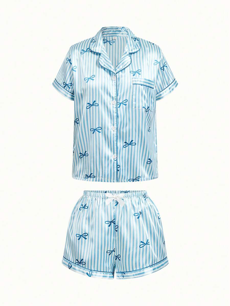Bonmuse [Elegant Fields]2pcs Satin Striped Bow Print Short Sleeve Collar Top And Bow Shorts Women Pajama Set, Spring/Summerfor Summer - Blue - View 1