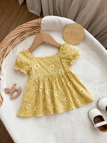1-Piece Newborn Summer Cute Vacation Floral Pattern Bubble Short-Sleeve Square Neck Dress 1 Month Baby Girl Yellow Outfits For New Born Daisy Clothes - Yellow - View 7