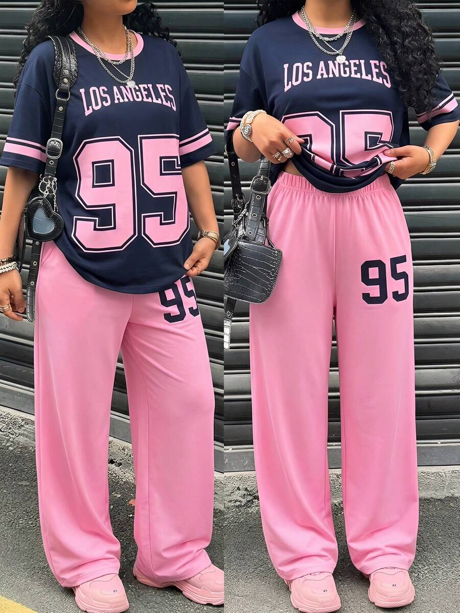 SHEIN 两件套休闲时尚少女数字图案圆领短袖上衣和阔腿运动裤套装 - 彩色 - 查看 1