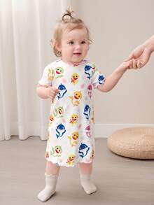 BABY SHARK X SHEIN 2pcs/Set Cute Style Baby Girl Homewear, Round Neck Short Sleeve Comfortable Nightgown Dress, Multi-Piece Set - Multicolor - View 6