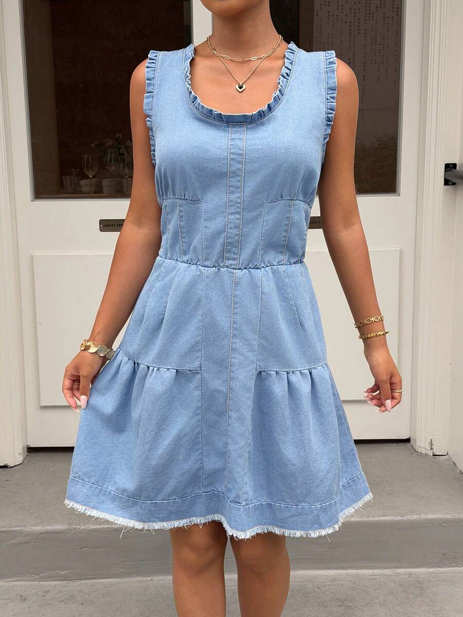 SHEIN 女士休闲系带露背无袖牛仔连衣裙，夏季 - 藍色 - 查看 1