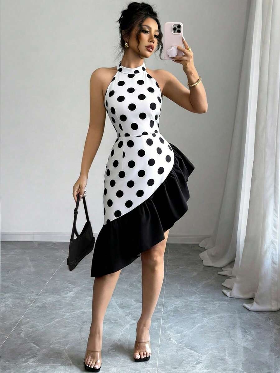 Elenzga Sleeveless Asymmetrical Hem Elegant Sexy Women Dress - White - View 1