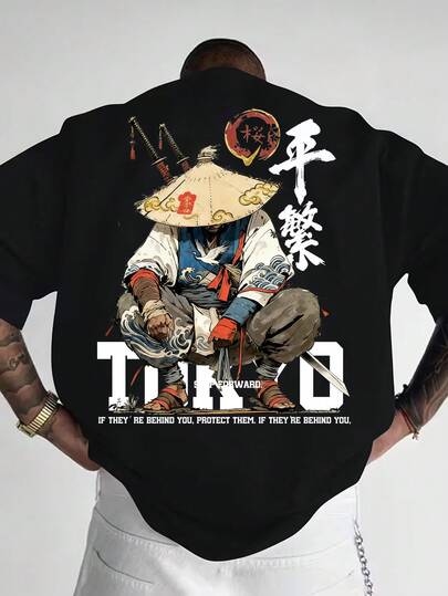 Manfinity Dauomo 男士浪人武士T恤 | 日本东京武士道图案印花 | 复古浮世绘风格宽松水洗圆领T恤