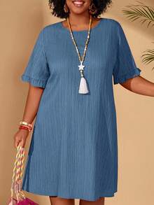 BrightlyHer Plus Size Dusty Blue Summer Boho Vacation Holiday Dress,Solid Round Neck Ruffle Hem Short Sleeve Casual Loose Spring Beach Outfits Country Style - Dusty Blue - View 3