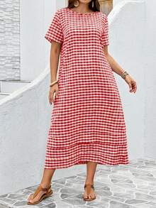 EMERY ROSE Plus Size Plaid Minimalist Daily Wear Round Neck Short Sleeve Dress - Red - View 3