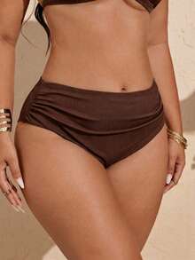 SHEIN Swim Vcay 大码女式纯色褶皱三角泳裤 - 棕色 - 查看 1