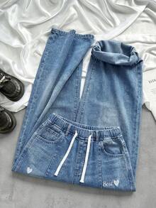 SHEIN 女童白色字母和爱心刺绣宽松蓝色牛仔裤 - 藍色 - 查看 7
