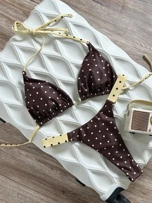 Swim Mod Ensemble de bikini à col ras-du-cou à imprimé aléatoire pour femmes, printemps/été - Multicolore - Voir 3
