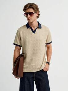 MENRIVO Camisa Polo Casual de Manga Curta com Contraste de Cor para Homens - Caqui - Visão 5