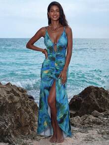 Nevyona 女士性感优雅长款印花连衣裙，深V领褶裥开衩修身吊带裙，适合夏季海滩度假 - 彩色 - 查看 5