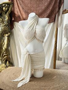 Rustia Ensemble de maillot de bain élégant et minimaliste de style français, Top de plage + jupe avec décoration de coquillage en jacquard et faux dentelle, ensemble 2 pièces pour femmes grande taille pour l'été - Nude - Voir 3