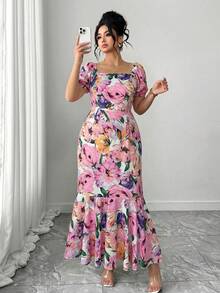 Elenzga Vestido de mujer de cuello cuadrado nuevo con estampado, mangas abultadas, bajo con cola de pez y ribete de volantes, diseño elegante adecuado para uso casual diario y vacaciones - Rosa - Ver 1