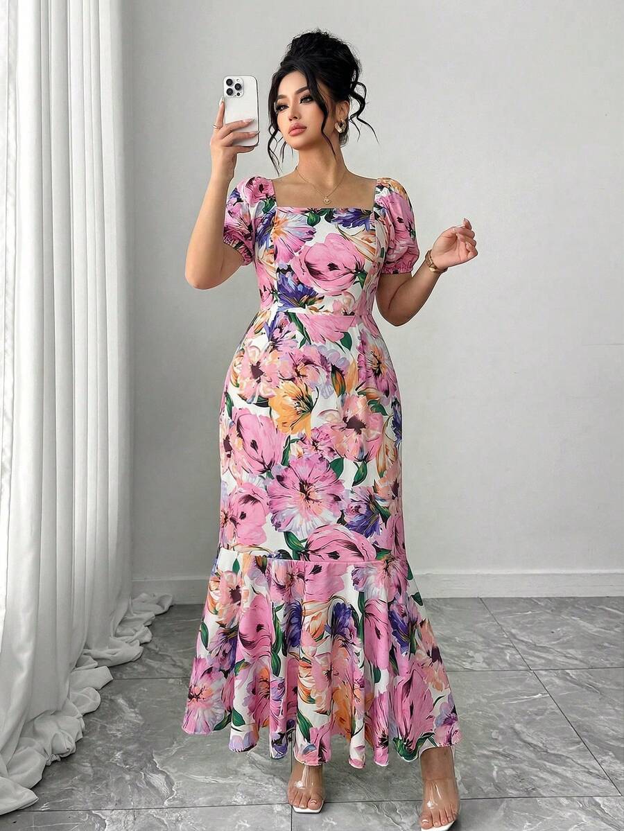 Elenzga Vestido de mujer de cuello cuadrado nuevo con estampado, mangas abultadas, bajo con cola de pez y ribete de volantes, diseño elegante adecuado para uso casual diario y vacaciones - Rosa - Ver 1