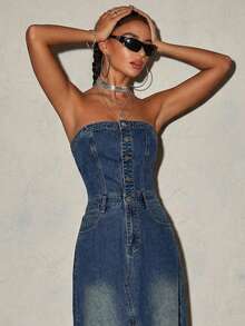 Women's Casual Washed Denim Jumpsuit Dress With Pockets, Summer - Medium Wash - View 1