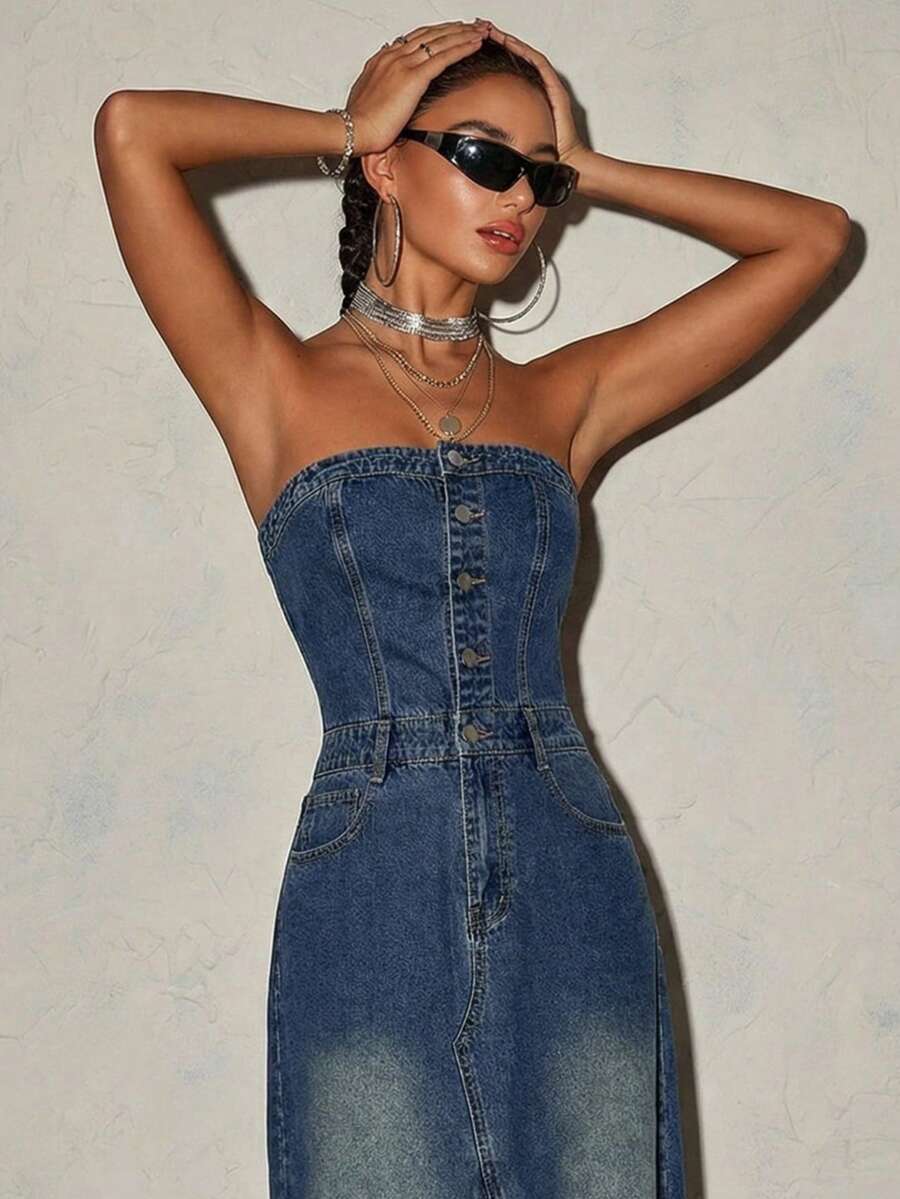 Women's Casual Washed Denim Jumpsuit Dress With Pockets, Summer - Medium Wash - View 1