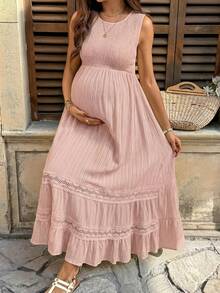 SHEIN 孕妇纯色简约无袖连衣裙，休闲日常穿着 - 粉色 - 查看 4