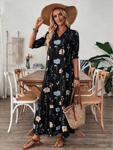 Vestido casual y elegante de cuello en V con estampado, volantes en el bajo y cordón ajustable para vacaciones - Multicolor - Ver 3