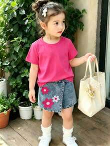 Souflis Souflis 返校季女童休闲可爱圆领彩色波点彩虹印花T恤和纯色牛仔短裙套装，夏季 - 玫紅色 - 查看 3