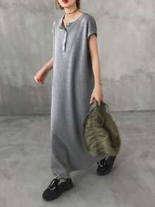 FRIFUL Women's Round Neck Half-Zip Straight Casual Street Long Dress Sundress Summer - Grey - View 2