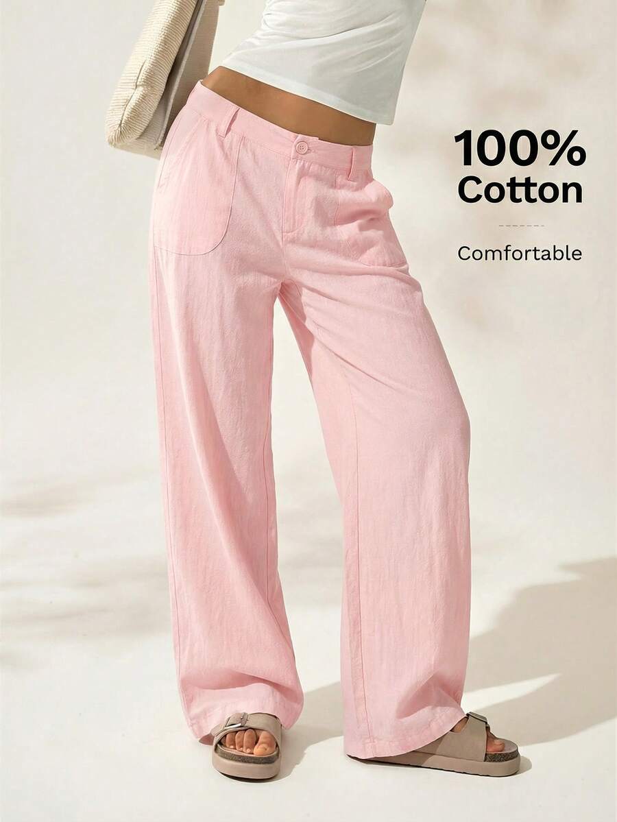 2026 Summer Casual Solid Pink Loose Low-Waist Wide-Leg Pants - Pink - View 1