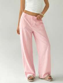 2026 Summer Casual Solid Pink Loose Low-Waist Wide-Leg Pants - Pink - View 4