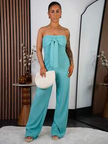 SAYEHFBABY Bộ jumpsuit nữ màu cam dệt kim, kiểu dáng thường ngày, gợi cảm và thanh lịch cho mùa xuân hè, gồm áo ống và quần dài ống rộng thắt nơ. - Màu xanh bạc hà - Xem 1
