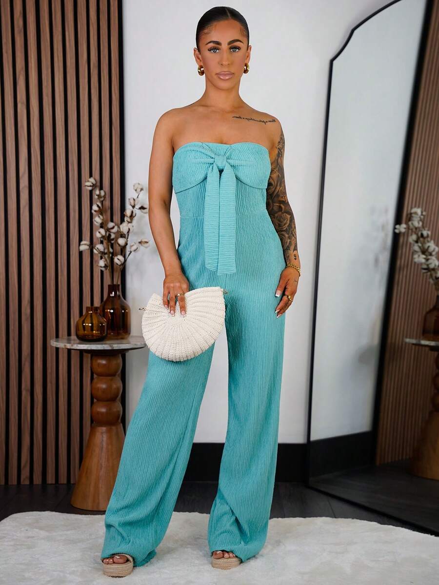 SAYEHFBABY Bộ jumpsuit nữ màu cam dệt kim, kiểu dáng thường ngày, gợi cảm và thanh lịch cho mùa xuân hè, gồm áo ống và quần dài ống rộng thắt nơ. - Màu xanh bạc hà - Xem 1