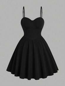 Sweetra Solid Color Spaghetti Strap Waist Cinching Romantic Mini Dress - Black - View 1