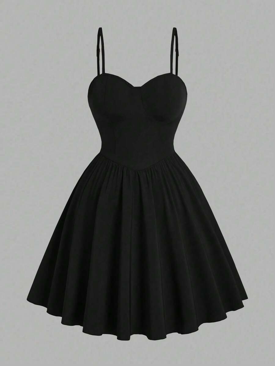 Sweetra Solid Color Spaghetti Strap Waist Cinching Romantic Mini Dress - Black - View 1