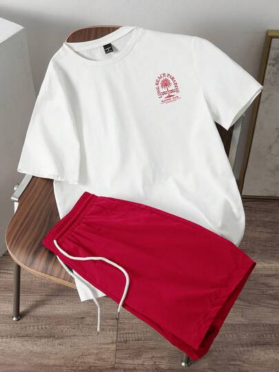 Manfinity Joysei Men's Palm Tree Print Knit Short Sleeve T-Shirt And Woven Drawstring Waist Shorts Set