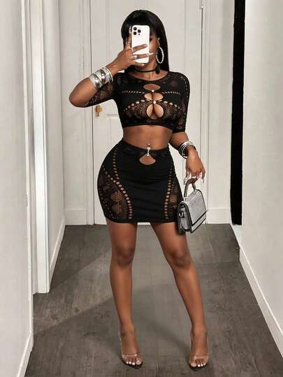 BamGleam Women's Summer Sheer Sexy Hollow-Out Cropped Mesh Top And Bodycon Mini Skirt Set