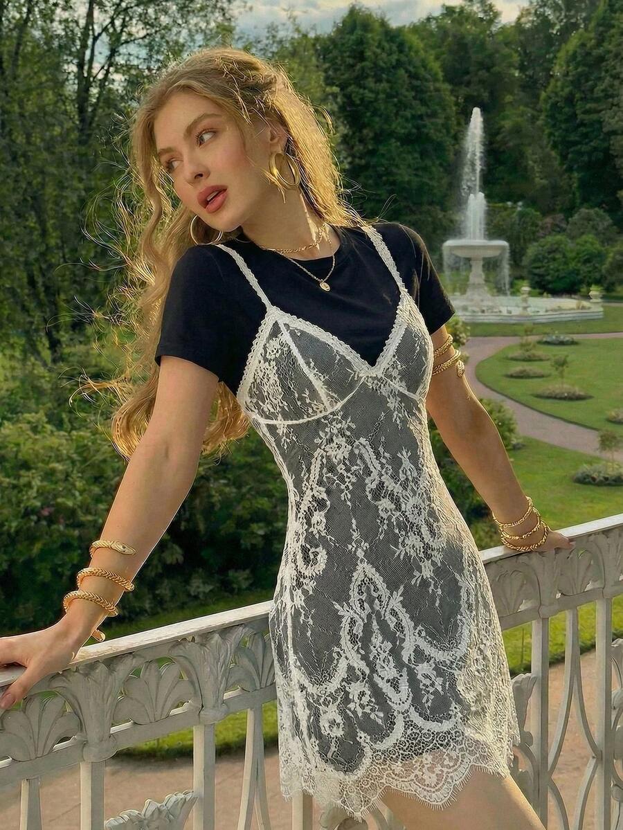 SHEIN MOD Lace 2 In 1 Black & White Mini Dress - Black - View 1