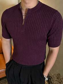 DAZY Burgundy Short Sleeve Half-Zip Knit Sweater For Men Summer - Burgundy - View 4