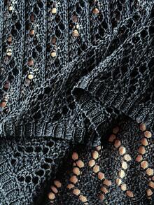 SHEIN TEENGIRL White Hollow V-Neck Beach Vacation Coverup, Versatile Holiday Essential,Kids - Black - View 5