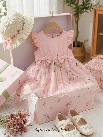 Cozy Pixies Đầm ngắn tay cổ tròn in hoa cho bé gái, thắt eo, đa năng và thoải mái.