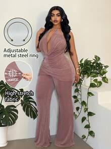 Maweii Plus Size Women's Dusty Rose Summer Elegant Night Out Club Spaghetti Strap Camisole,Underwire,Fitted Flare Pants,Stretch Fabric Two Pieces Set - Dusty Pink - View 1
