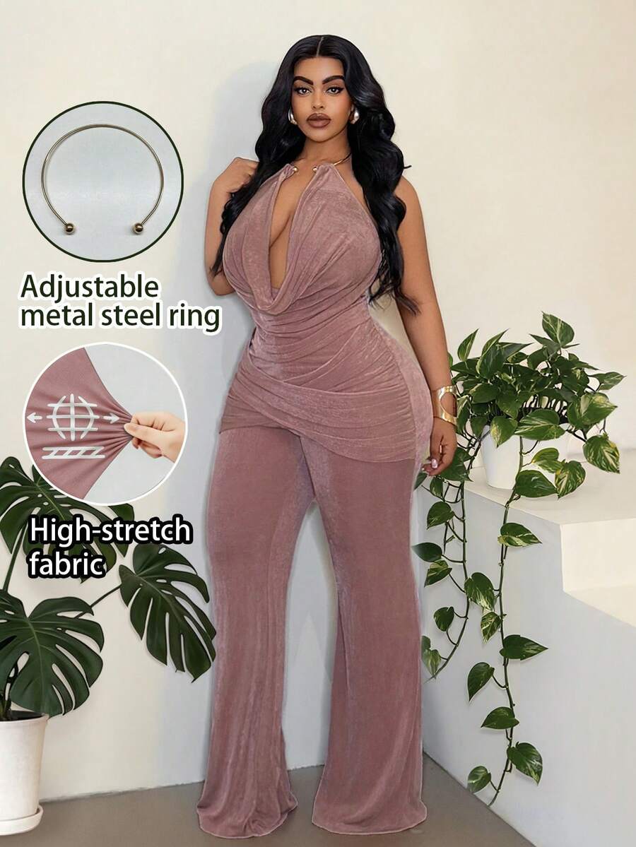 Maweii Plus Size Women's Dusty Rose Summer Elegant Night Out Club Spaghetti Strap Camisole,Underwire,Fitted Flare Pants,Stretch Fabric Two Pieces Set - Dusty Pink - View 1